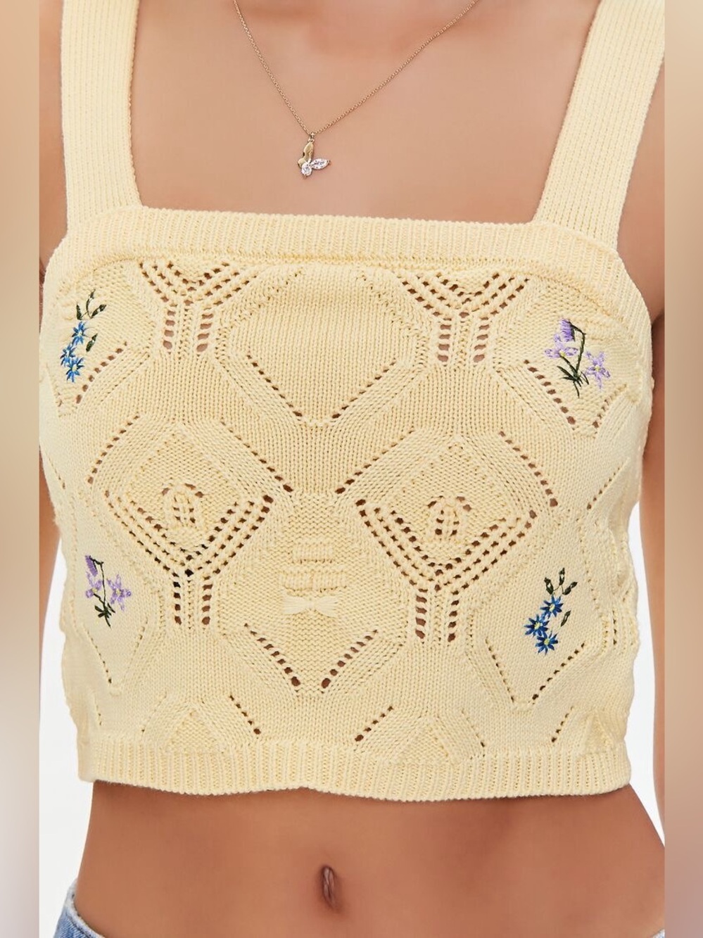 Forever 21 Yellow Knit Floral Embroidered Crop Tank Top